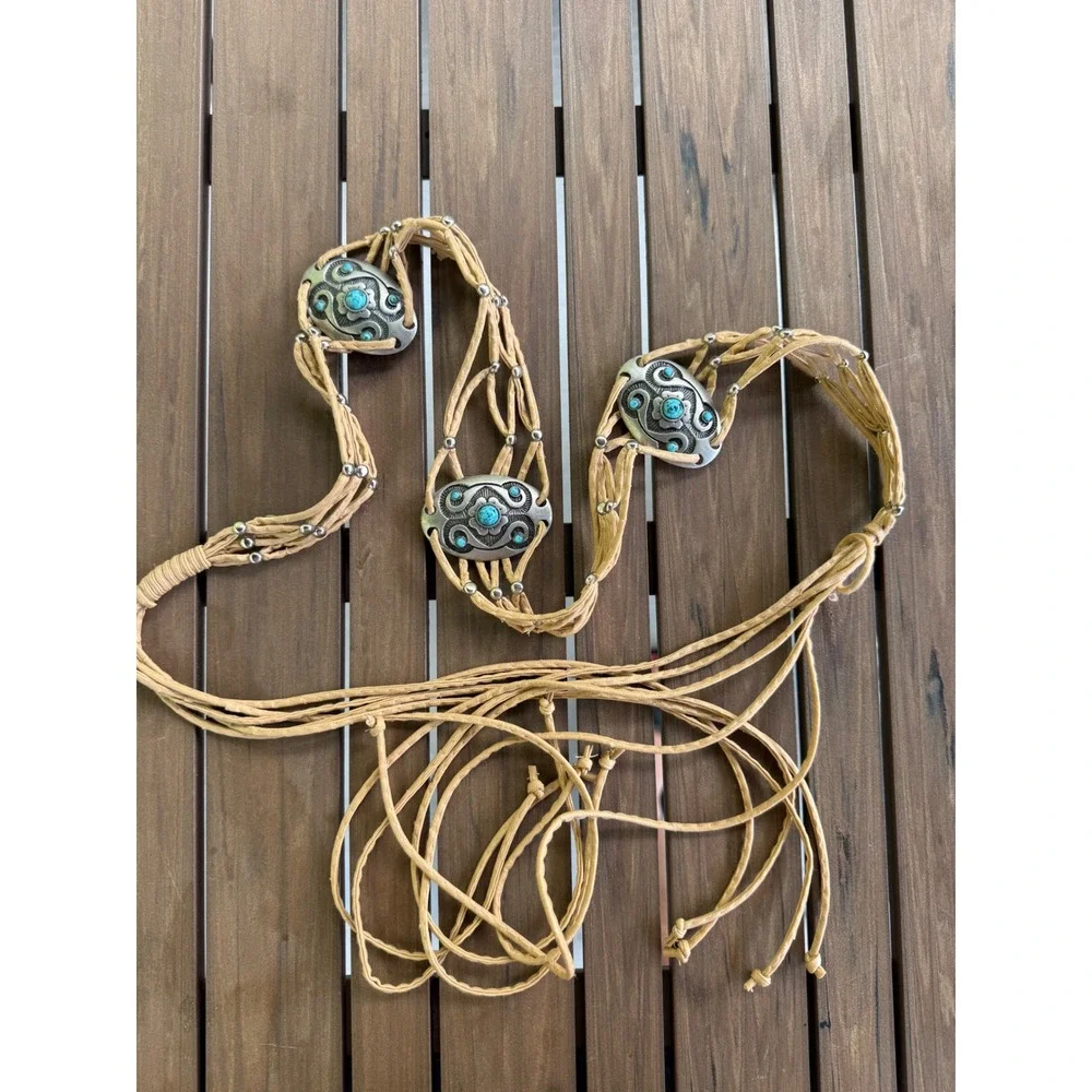 Western Boho Tan Faux Leather Tie Belt Turquoise Silver Concho Medallions Fringe